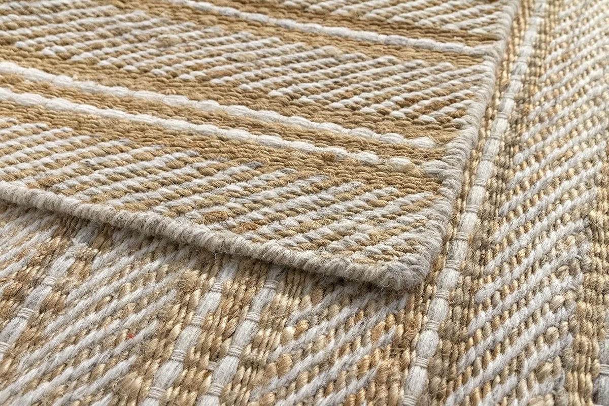 Vloerkleed 60 x 110 cm - handgeweven jute en wol - natuurlijk wit - stijlvol voor woonkamer en slaapkamer