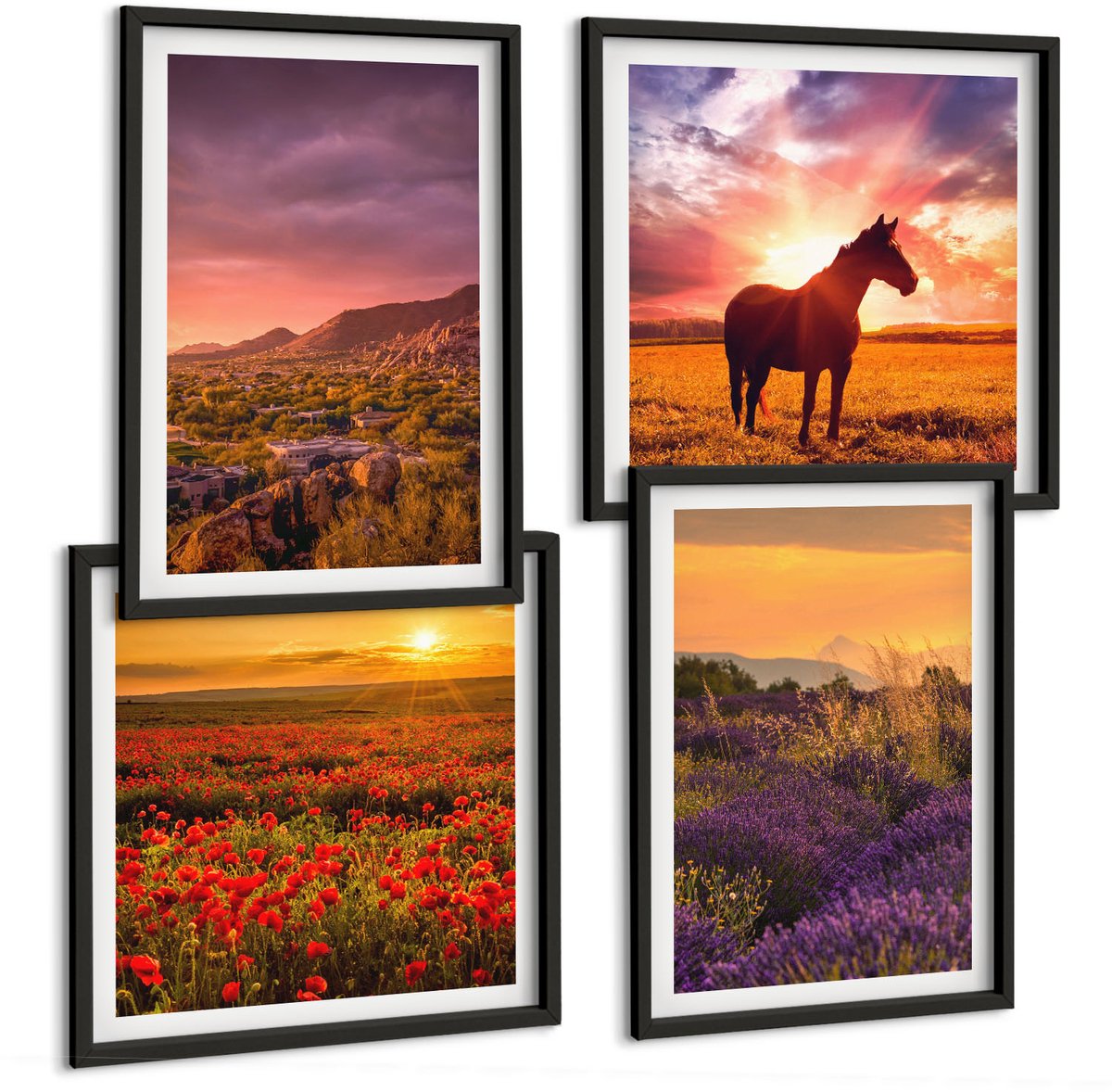 Tulup 4-Delige Schilderij Set - Berglandschappen met paarden en lavendelvelden - 40 x 40 cm en 40 x 60 cm - Wanddecoratie - Muurdecoratie - Moderne Interieurdecoratie - Interieur Decoratie