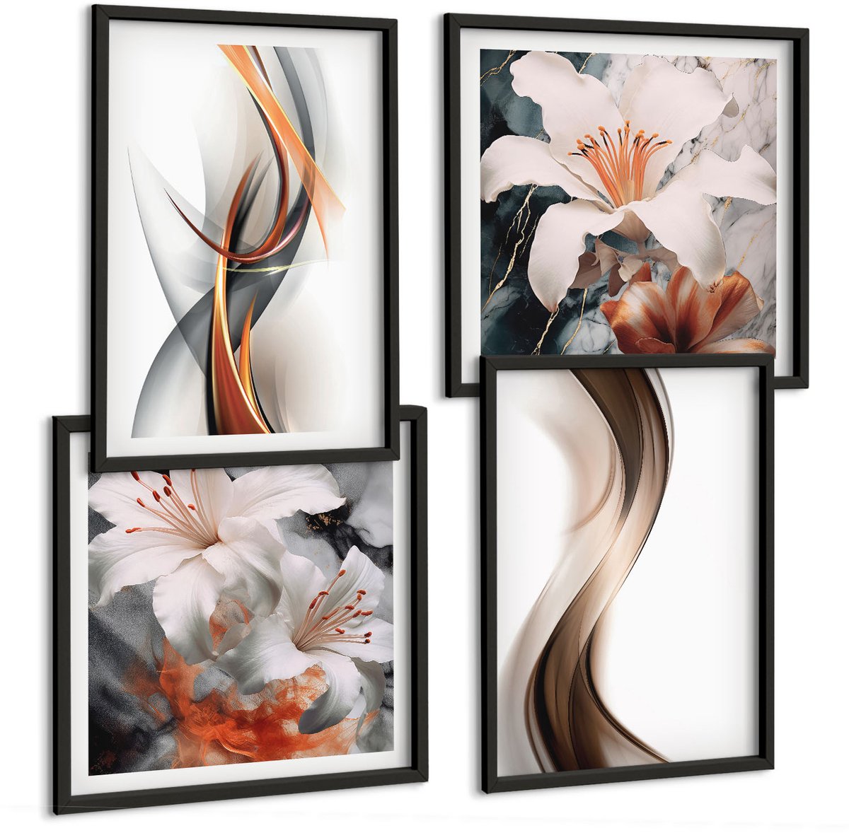 Tulup 4-Delige Schilderij Set - Golven in tinten geel, grijs en bruin. - 40 x 40 cm en 40 x 60 cm - Wanddecoratie - Schilderijen Set - Interieur - Decoratieve Schilderijen