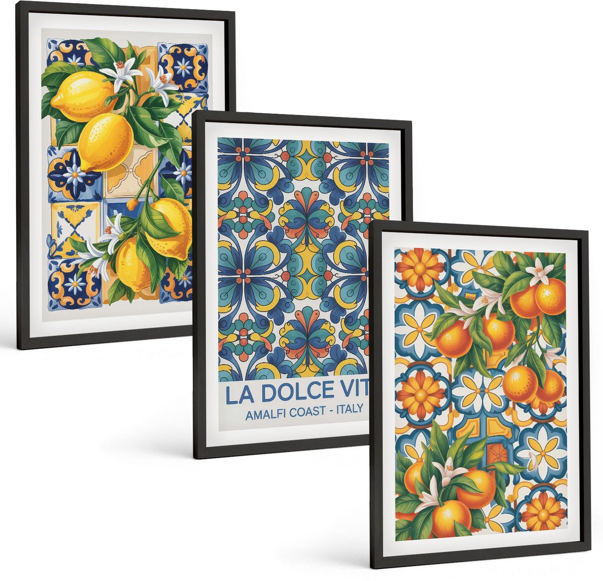 Tulup 4-Delige Schilderij Set - Citroen- en sinaasappelbloemen in kleurrijke patronen - 40 x 60 cm - Stijlvolle Muurdecoratie - Slaapkamer - Woonkamer Decoratie