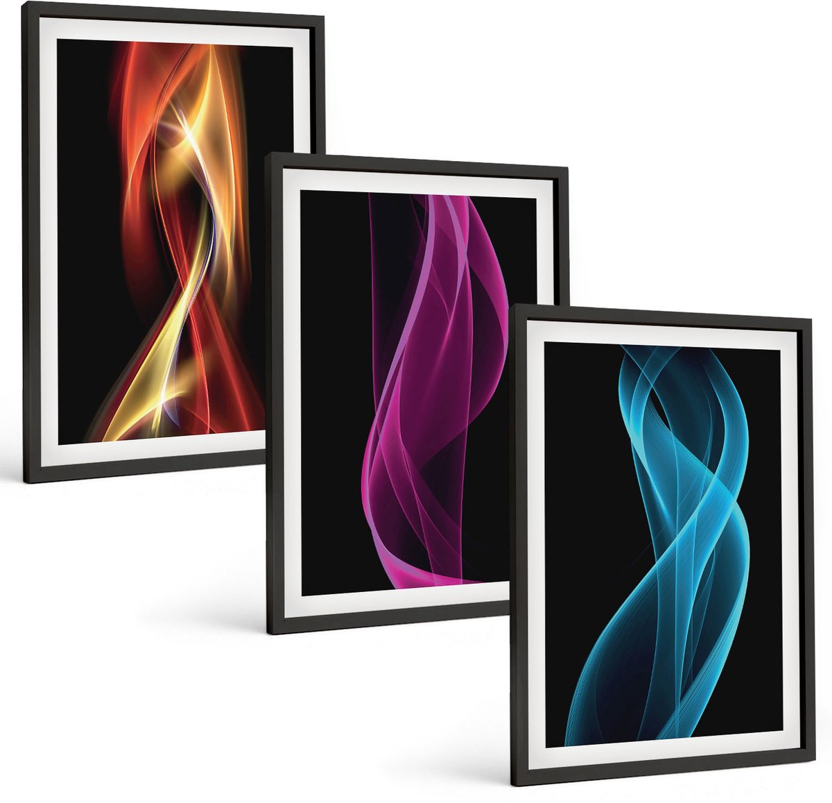 Tulup 4-Delige Schilderij Set - Golven van kleurrijke neonlijnen op een donkere achtergrond - 40 x 60 cm - Muurdecoratie - Wanddecoratie - Slaapkamer - Interieur Decoratie