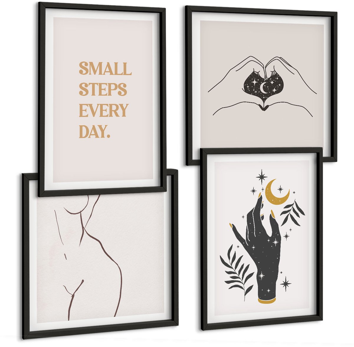 Tulup 4-Delige Schilderij Set - Minimalistische illustraties die boho-tekst inspireren - 40 x 40 cm en 40 x 60 cm - Decoratieve Muurdecoratie - Slaapkamer - Stijlvolle Muurdecoratie