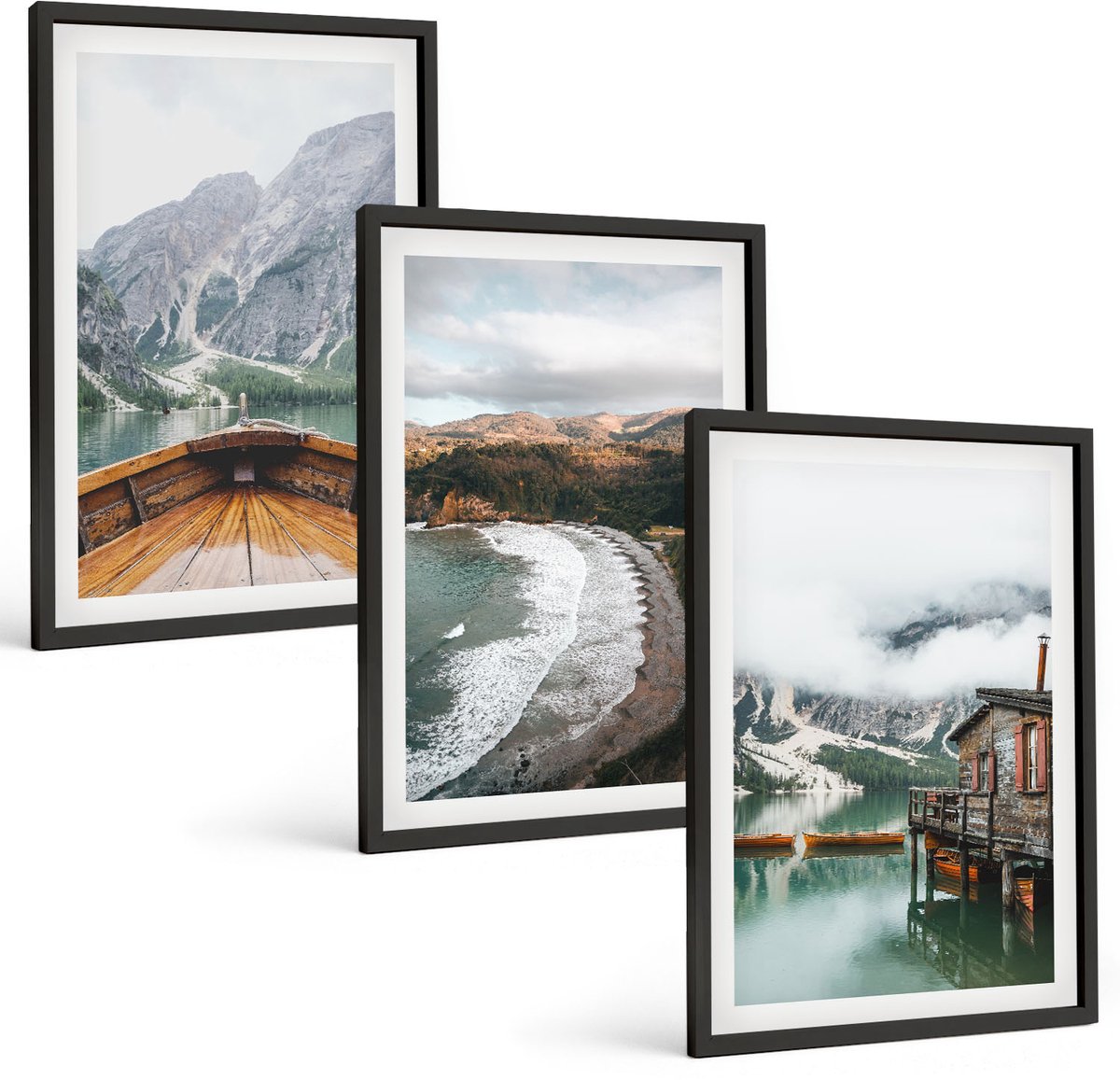 Tulup 4-Delige Schilderij Set - Uitzicht op de bergen boven het meer met boot en strandlandschappen. - 40 x 60 cm - Wanddecoratie - Schilderijen Set - Kantoor - Woonkamer Decoratie
