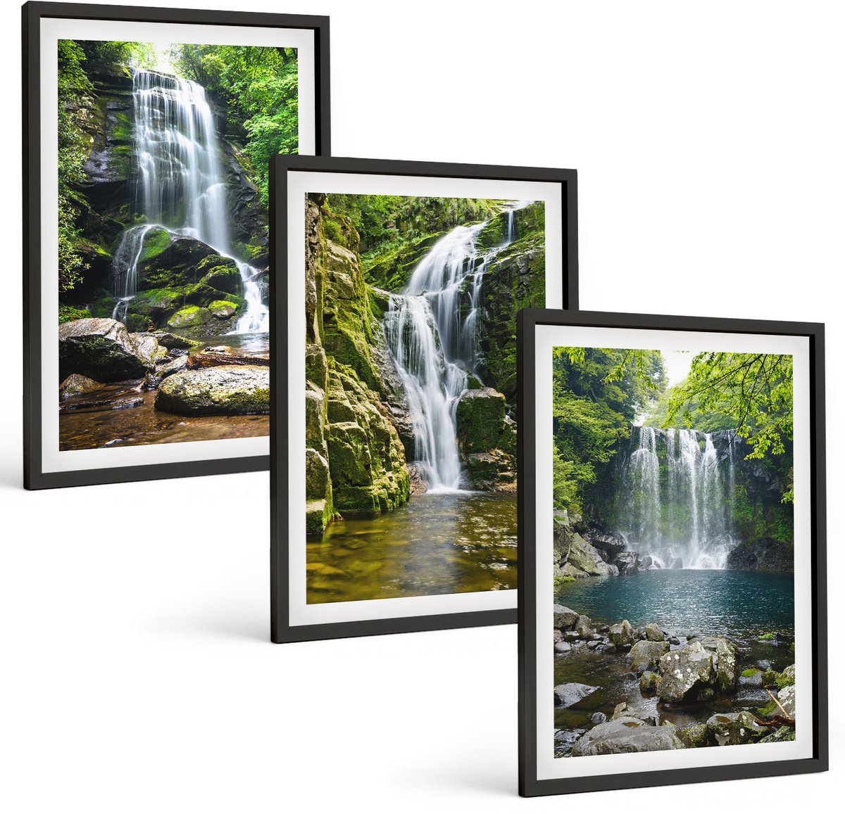 Tulup 4-Delige Schilderij Set - Watervallen in een groene omgeving met stenen en water. - 40 x 60 cm - Muurdecoratie - Schilderijen Set - Woonkamer - Decoratieve Schilderijen