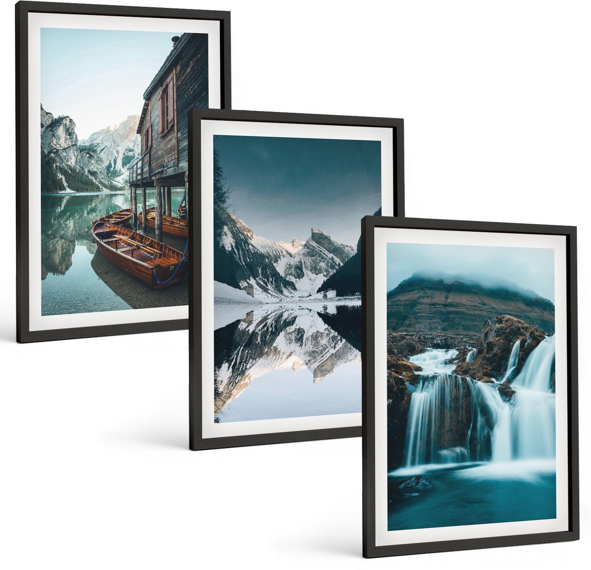 Tulup 4-Delige Schilderij Set - Berglandschap met een waterval en een meer - 40 x 60 cm - Wanddecoratie - Muurdecoratie - Moderne Interieurdecoratie