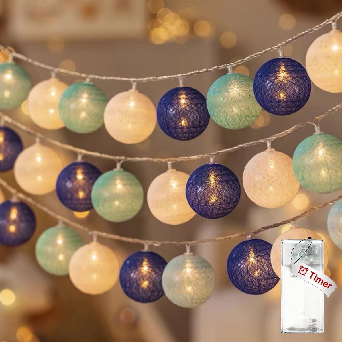 Lichtketting katoenen bollen - blauw lichtblauw wit - sfeervol accent - perfect voor elke ruimte - ShopVlot