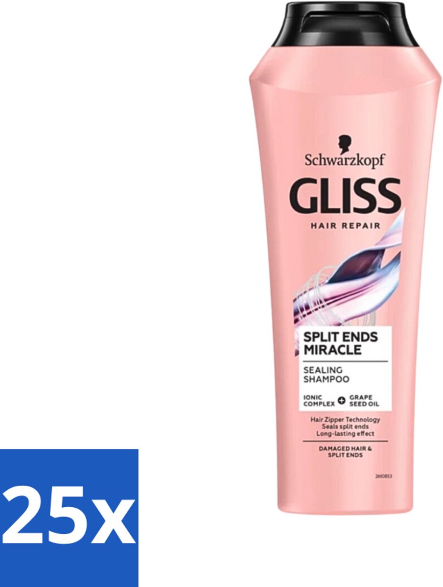 25 x Gliss - Shampoo - Split Hair Miracle - Voor Beschadigd Haar - 250 ml - Gespleten Haarpunten - Beschadigd Haar - Haarherstel - Druivenpitolie - Ionentechnologie