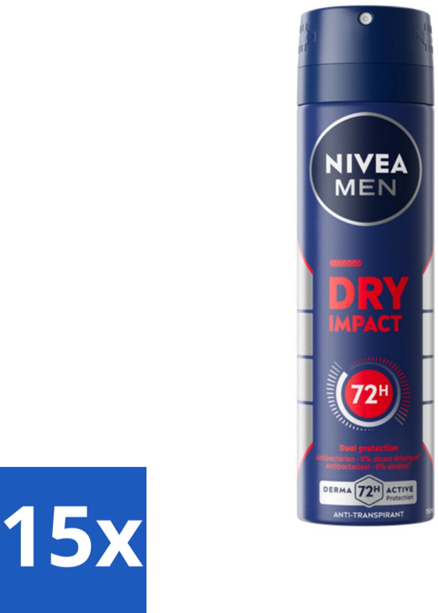 15 x NIVEA MEN - Deodorant Spray - Dry Impact - 150 ml - Deodorant Spray - Anti-Transpirant Spray - Droog Huidgevoel - 72 Uur Bescherming - Mannenverzorging