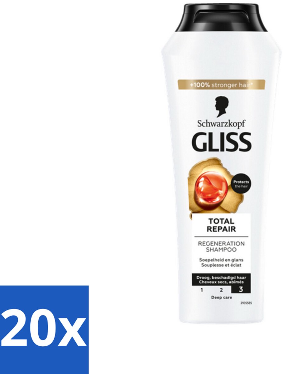 20 x Gliss - Shampoo - Total Repair - Voor Intensief Haarherstel - 250 ml - Haarherstel Shampoo - Beschadigd Haar - Keratine Shampoo - Haarbreuk Verminderen - Glanzend Haar