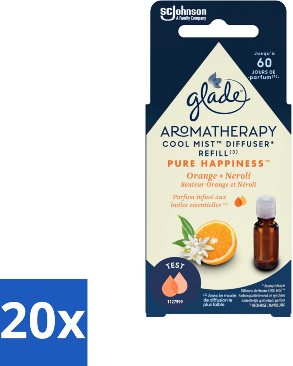 20 x Glade - Mistnavulling Pure Happiness - Aromatherapie - 17,4 ml - Aromatherapie - Geurverspreiding - Mistnavulling - Sinaasappelolie - Neroliolie
