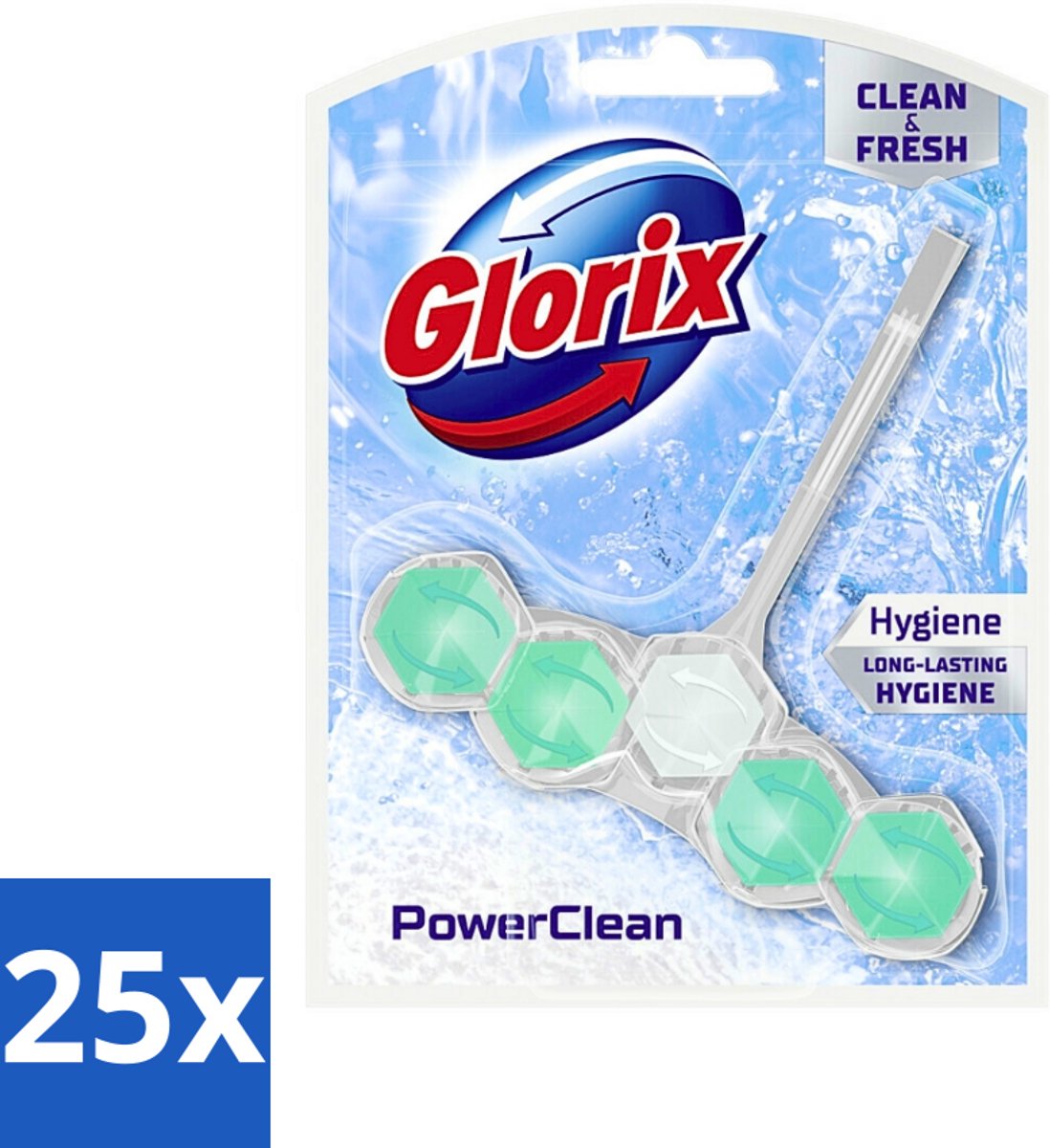 25 x Glorix - Toiletblok - Power Clean Hygiëne - Extra Hygiëne - 1 blok - Toiletblok - Hygiëne - Reiniging - Kalkaanslag - Schuim