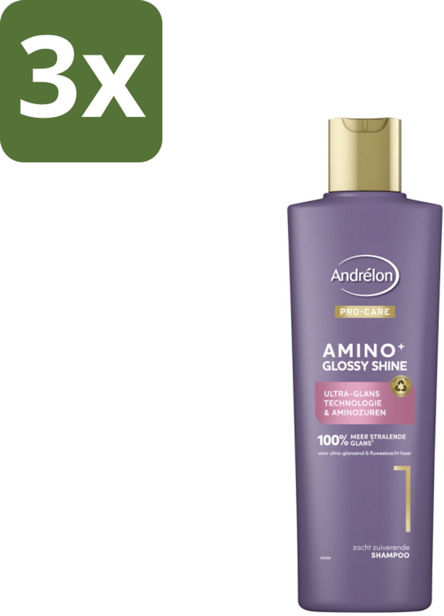 3 x Andrélon – Shampoo – Pro Care Amino+ Glossy Shine – 250 ml - Glans Haar - Zachtheid Haar - Stralend Haar - Aminozuren Shampoo - Ultra-glans Technologie