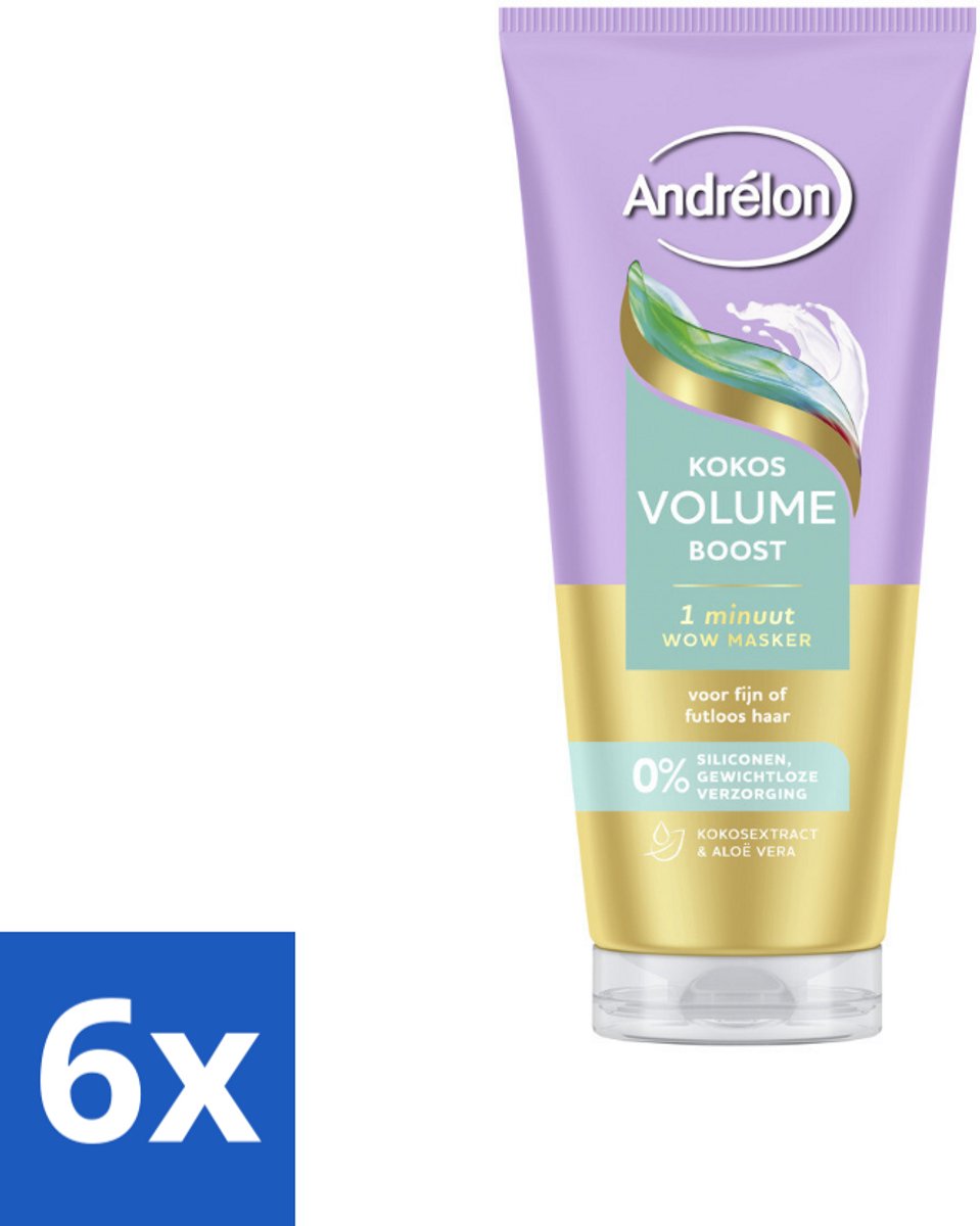 6 x Andrélon – Haarmasker WOW – Kokos Volume Boost – 180 ml - Volume Boost Haar - Fijn Haar Verzorging - Luchtig Haar - Haarmasker 1 Minuut - Kokos Volume