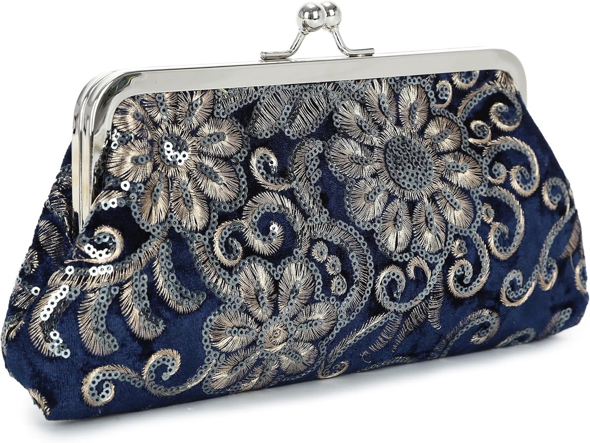 Vintage clutch voor dames - bloemenborduurwerk - pailletten - elegante avondtas - ShopVlot