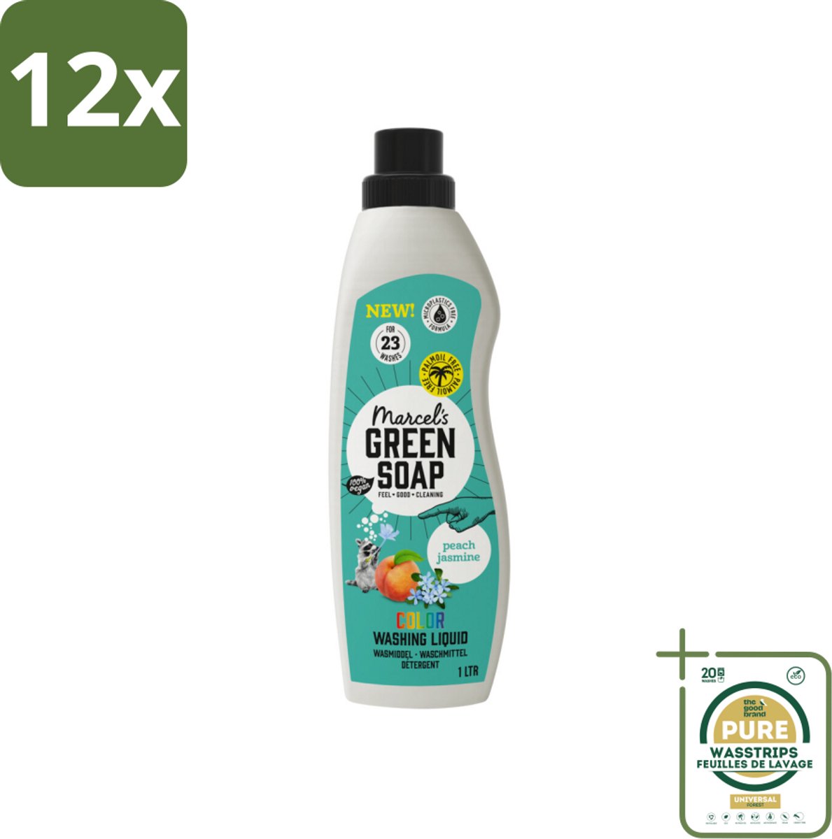 Marcel's Green Soap - Vloeibaar Wasmiddel - Kleur - Perzik & Jasmijn - Effectief & natuurlijk - 23 Wasbeurten - 1 liter - Voordeelverpakking - 12 stuks - Milieuvriendelijk - Vegan