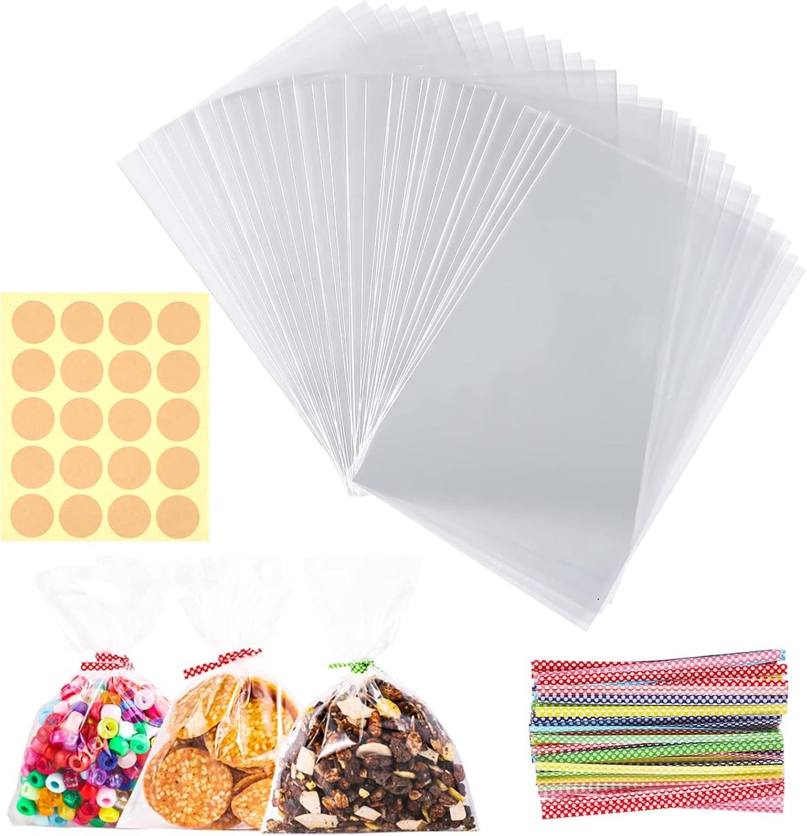 Snoepzakjes - Transparant - 15 x 10 cm - Sterke Cellofaanzakjes met Linten en Stickers - Voor Feestjes en Gelegenheden