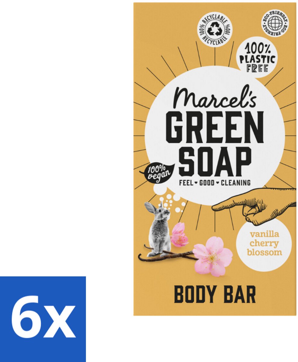 Marcel's Green Soap - Body Bar - Vanilla & Cherry Blossom - Verzorgend & zacht - 150 gr - Voordeelverpakking - 6 stuks