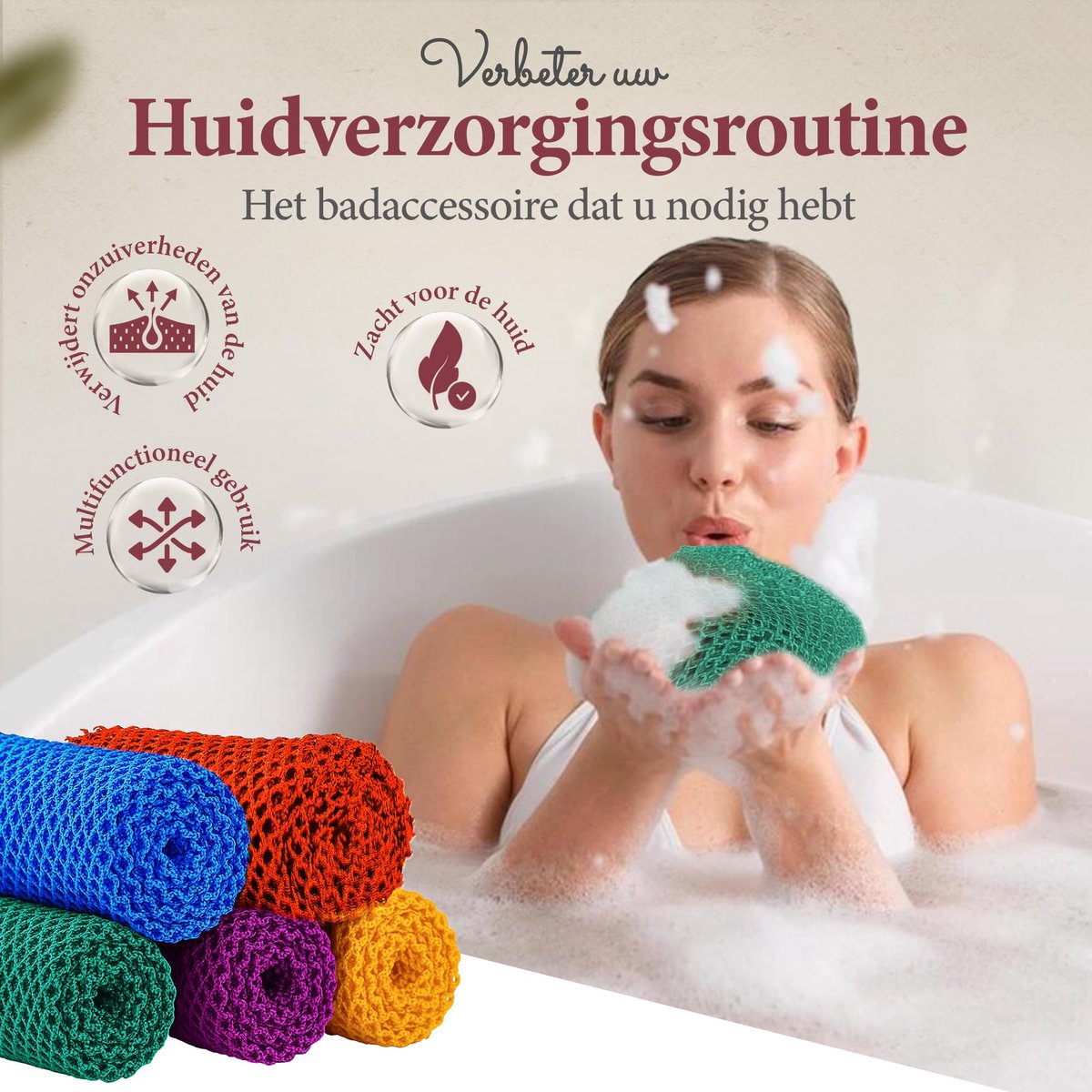 Netspons - lange exfoliërende badspons - rood - ideaal voor dagelijks gebruik onder de douche - ShopVlot