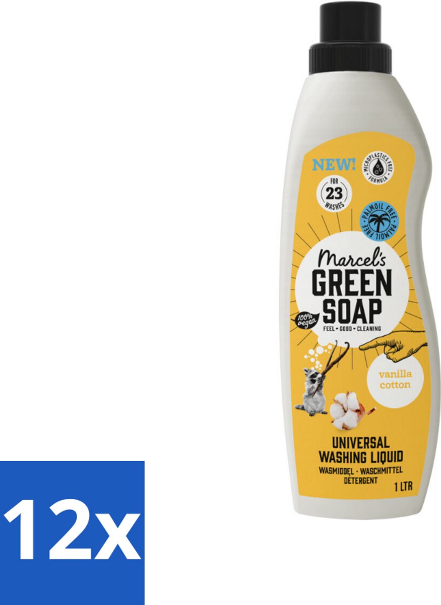 Marcel's Green Soap - Vloeibaar Wasmiddel - Katoen & Vanille - Effectief & natuurlijk - 23 Wasbeurten - 1 Liter - Voordeelverpakking - 12 stuks