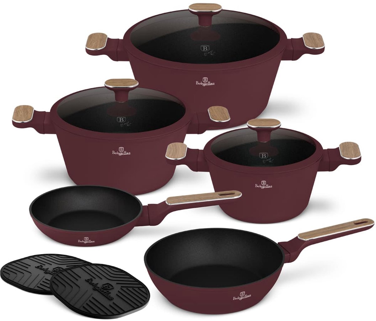 Berlinger Haus Pannenset Nordic Mat Bordeaux 7-Delig - Kookpan ø 20, 24, 28 cm, Koekenpan ø 20 & 24 cm - Geschikt voor alle warmtebronnen