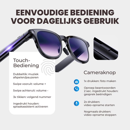 Dynabright Camera Bril - Slimme Bril met Camera - Bluetooth - Met belfunctie - NL App - Incl 2 Extra Sets Glazen - Mini Spycamera - Incl. Opbergzakje - Camera & Video & Muziek - Smart Glasses - Oplaadbaar — afbeelding 5