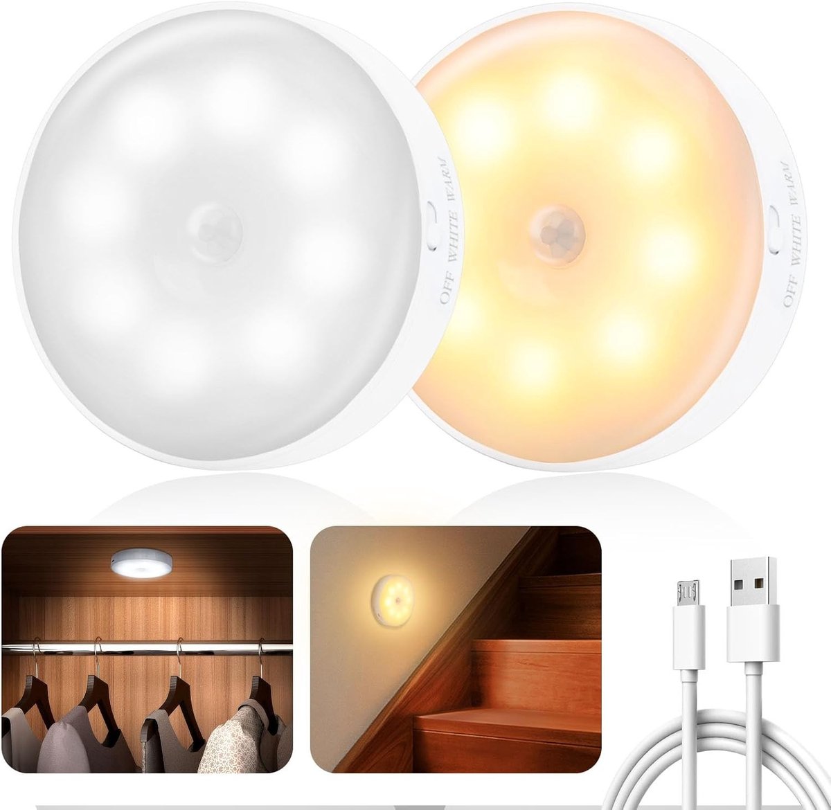 Sensor lampjes met bewegingsmelder - Wit - 8 x 8 x 2 cm - LED Nachtlampjes met Oplaadbare Batterij - Voor Trap en Slaapkamer (2 stuks)