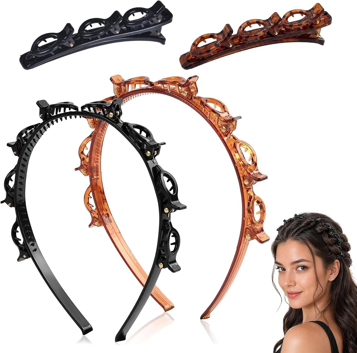 4 stuks dameshoofdbanden met clips en haarspelden, inclusief 2 gevlochten haarbanden en 2 holle klemmen (zwart, rood - ShopVlot