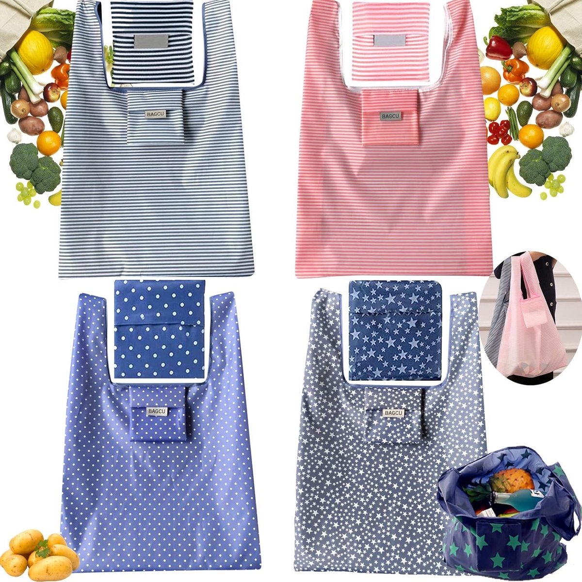 Opvouwbare Boodschappentassen - Meerkleurig - 4 Stuks - Duurzame Oxford-stof - Voor Winkelen en Picknicks