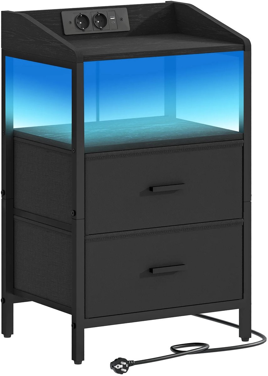 G&G nachtkastje met verlichting - Bijzettafel bank - Woonkamer - Slaapkamer - Met stopcontact - Hout - Metaal - LED - USB - Zwart