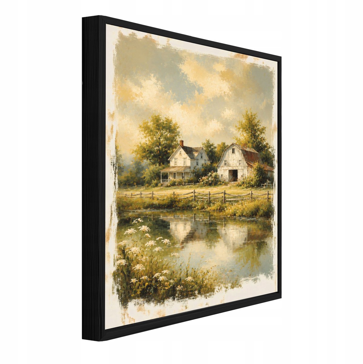 WALLARENA Schilderij op canvas met zwarte lijst - 120x80 cm - landelijk boerderijlandschap in vintage stijl - voor slaapkamer en woonkamer Beige