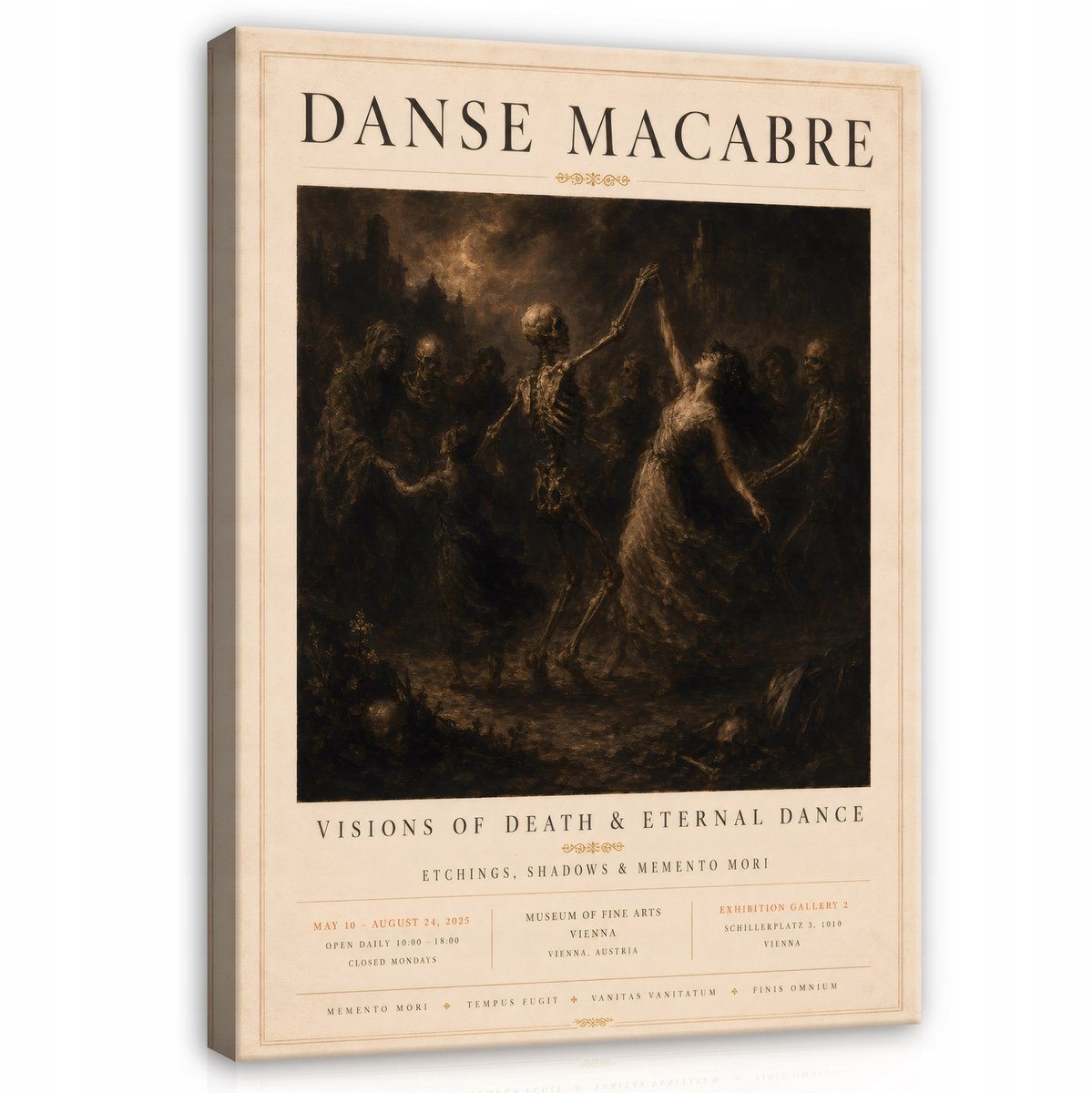 WALLARENA Schilderij op canvas - 60x40 cm - Danse Macabre in gotische vintage stijl - wanddecoratie voor woonkamer en slaapkamer Beige
