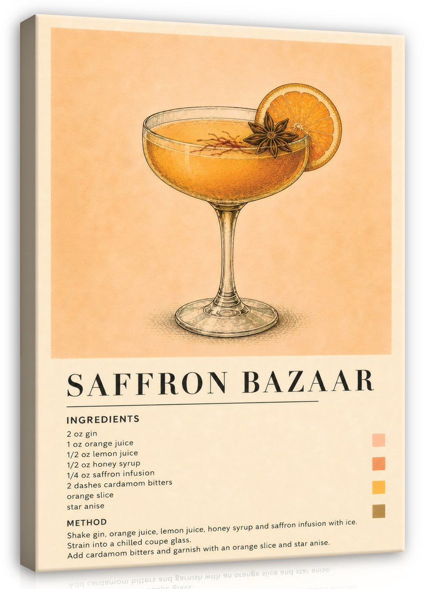 WALLARENA Schilderij op canvas - 40x30 cm - Saffron Bazaar cocktailrecept in retrostijl - keuken wanddecoratie en bar decoratie Beige