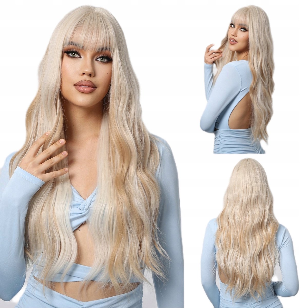 Damespruik Langblonde Krullend Synthetisch met Pony