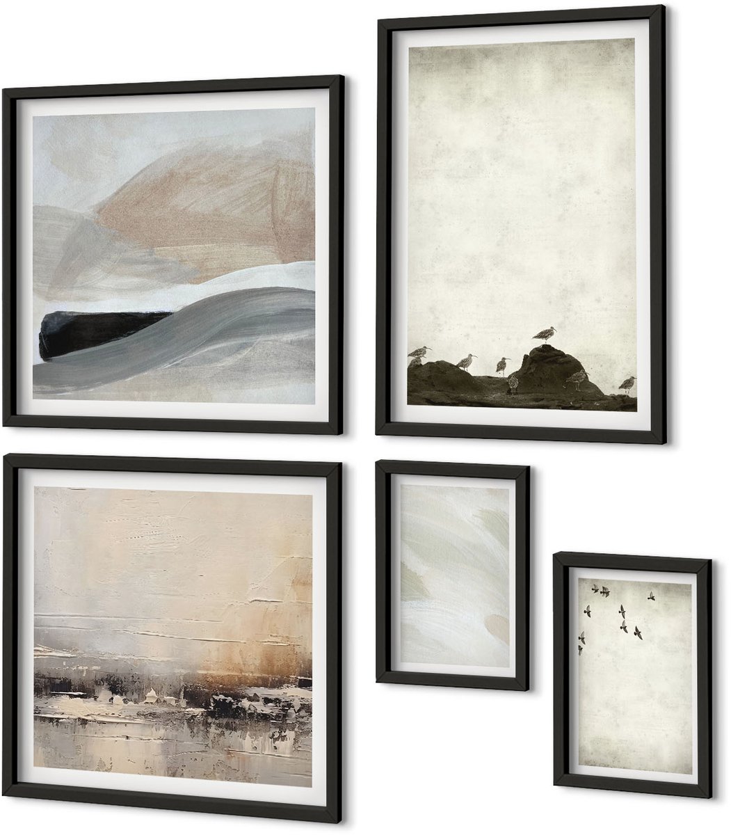 Coloray 5-Delige Schilderij Set - Vogels, Rotsen En Penseelstreken: Minimalistische Decoraties - 50 x 50 cm, 20 x 30 cm En 40 x 60 cm - Wanddecoratie - Schilderijen Set - Kantoor - Interieur Decoratie