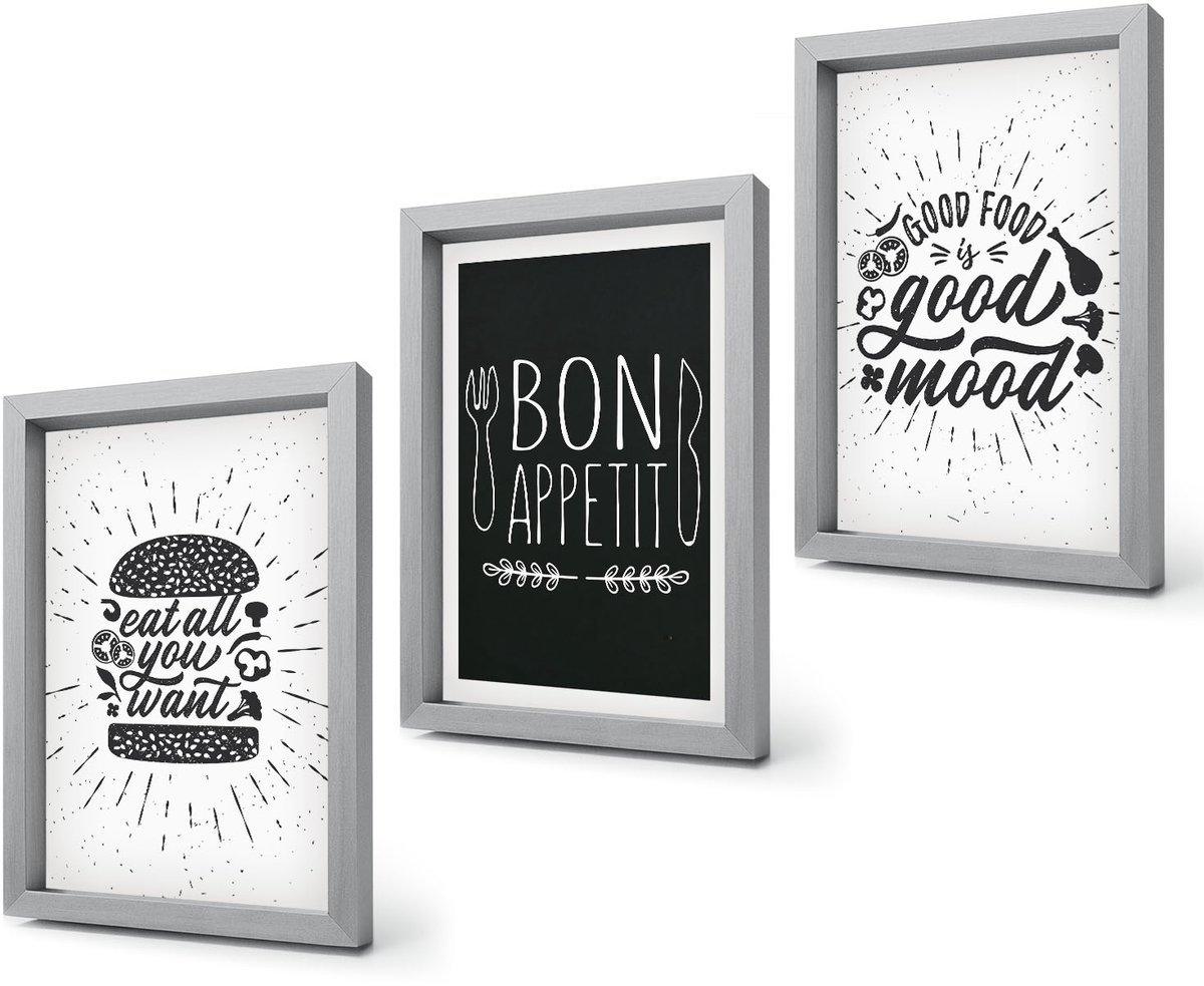 Coloray 4-Delige Schilderij Set - Voedselafbeeldingen en culinaire slogans - 20 x 30 cm - Decoratieve Schilderijen - Wanddecoratie - Hal - Stijlvolle Muurdecoratie Zilveren lijst