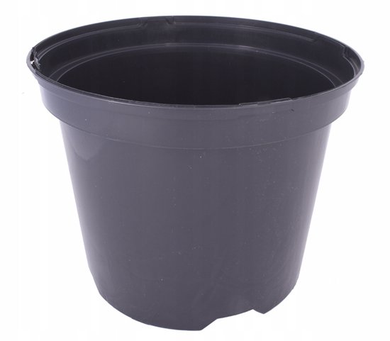 Zwarte kunststof kweekpot met opstaande rand.