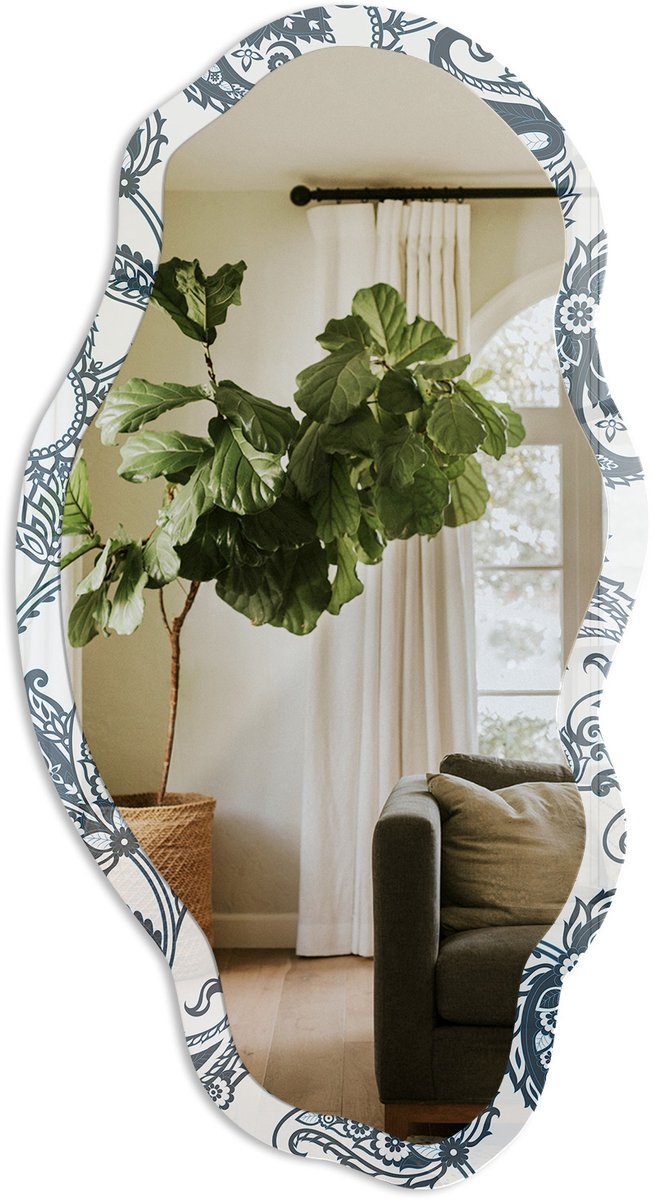 TULUP Elegante Ornamenten Spiegel - Grijs Strakke Rechthoekige Spiegel - Organische Spiegel - Woonkamer - Boho - 45x90 cm - Totale afmeting 52x97 cm Elegante Ornamenten, Grijs