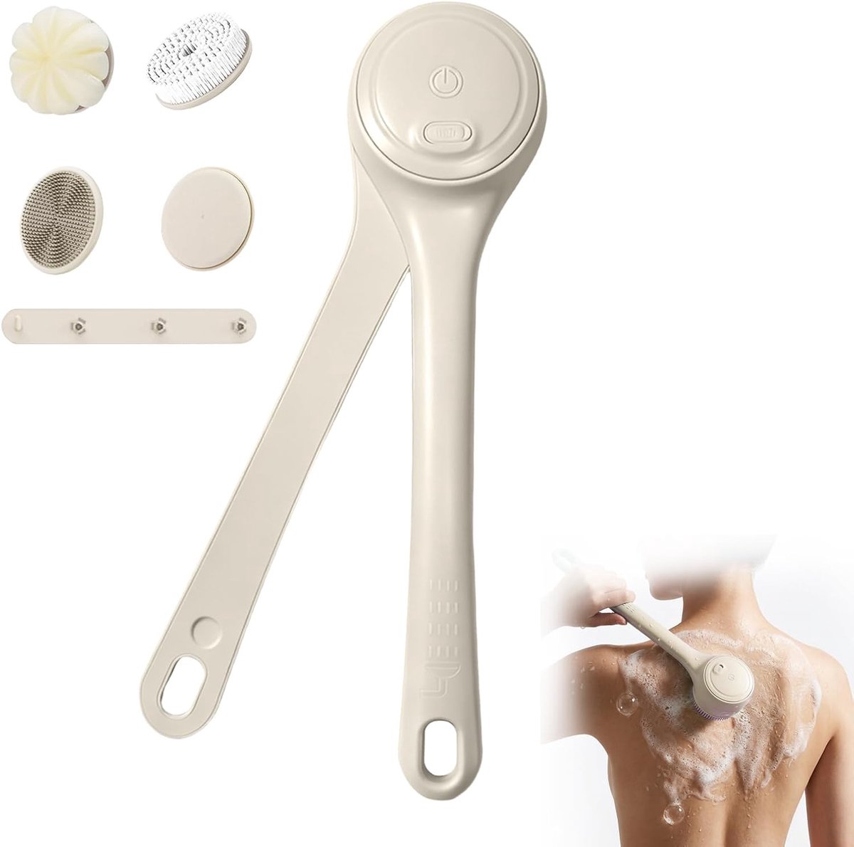 Doucheborstel 4-in-1 met 4 Opzetborstels - Latte - IPX7 Waterdicht - Voor Peeling en Massage - ShopVlot