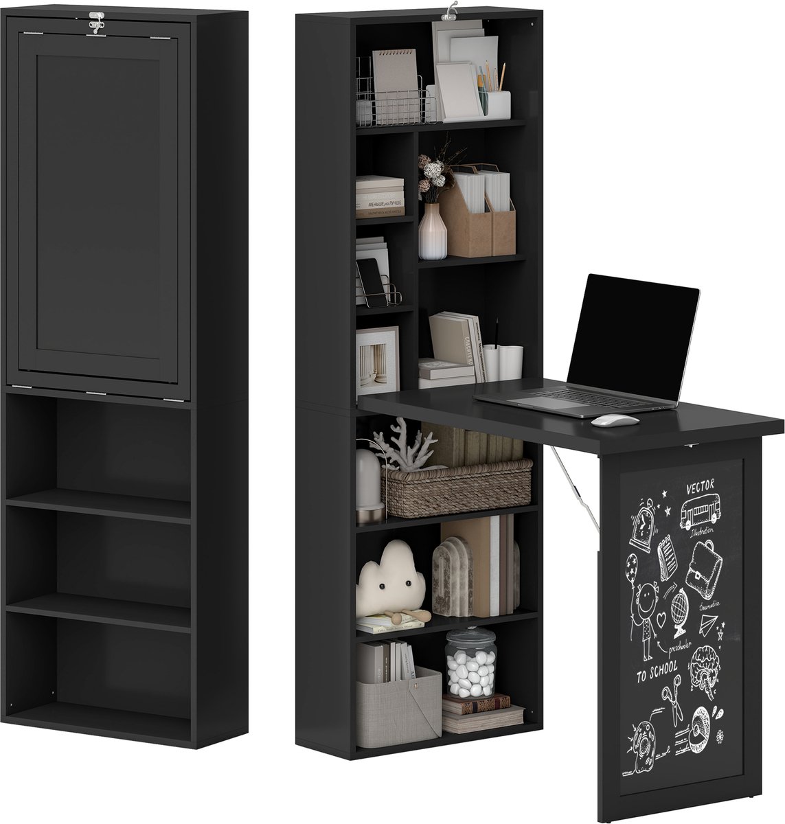 Bureau - Opklapbaar Bureau - Bureau met Opbergruimte - Computerbureau - 98 x 51 x 153 cm - Zwart