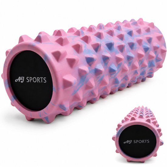 Roze schuimrol met blauwe marmering en noppen, in een set van twee verschillende groottes. AJ Sports logo op zwarte eindkappen.