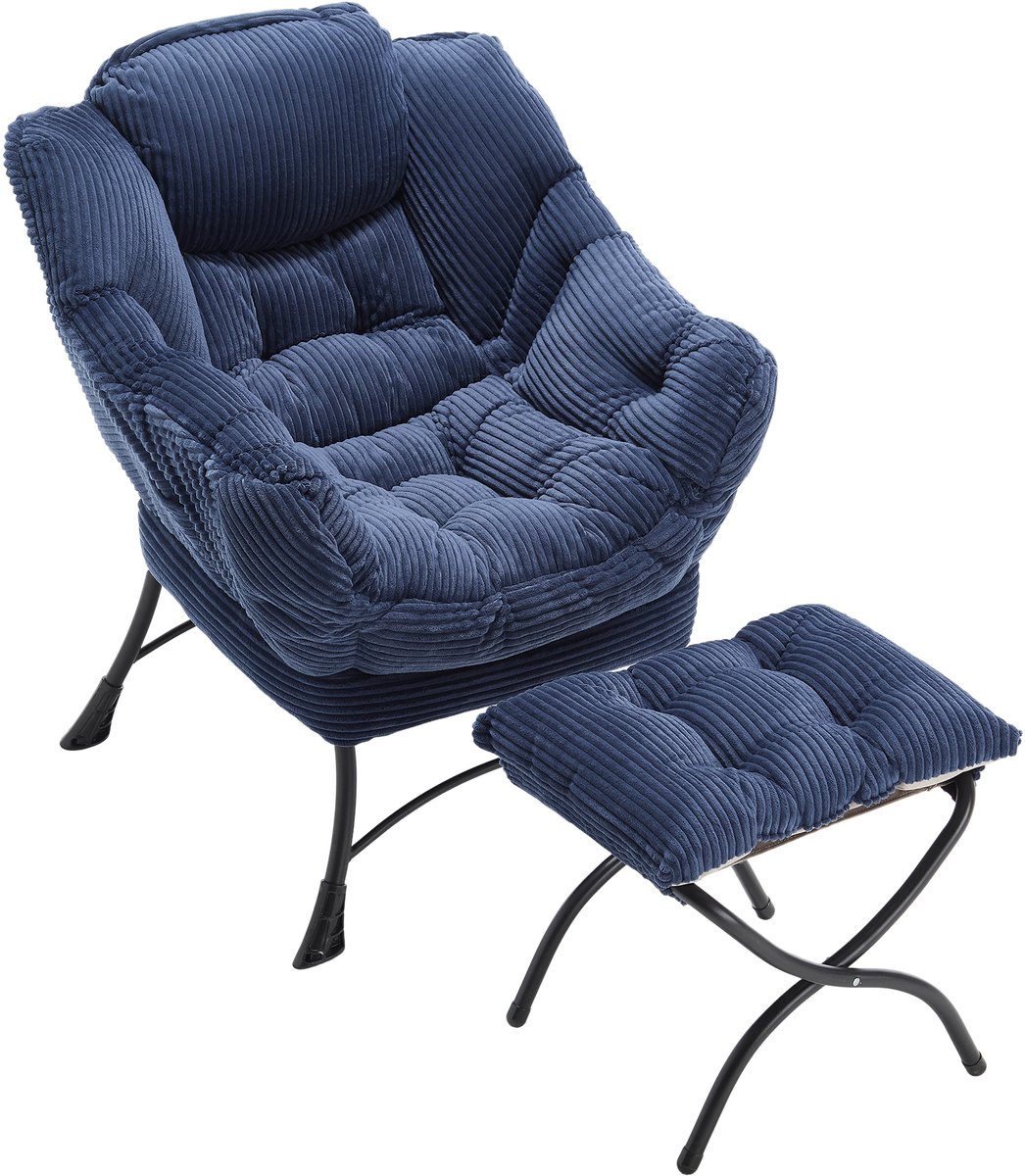 MUVANO Fauteuil Met Voetenbank - Ergonomische Luie Stoel - Zachte Flanellen Leesstoel - 69,9x64x95 cm - Met Zijvak - Voor Woonkamer Marineblauw