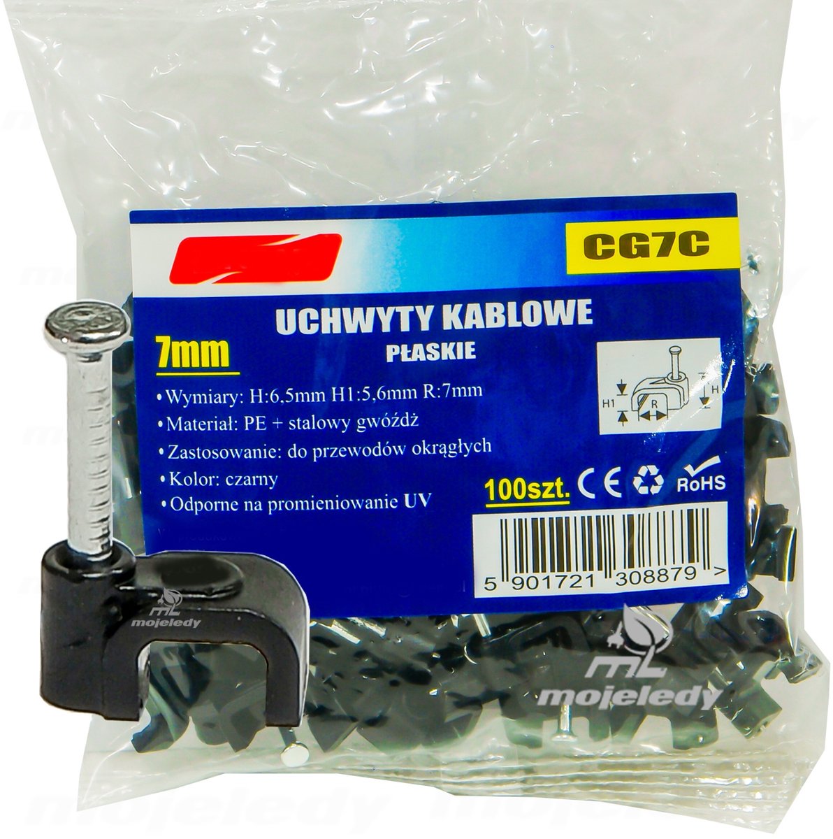 100x Platte Kabelklem met Nagel voor 2x1,5mm Kabel - Zwart