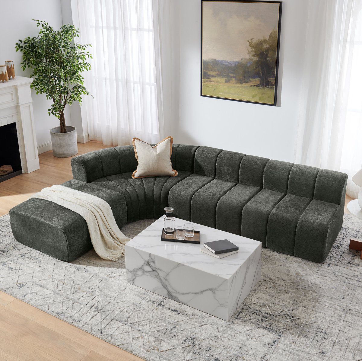DESMIU Hoekbank 4-Zits - Modulair En Vrij Combineerbaar - Voor Woonkamer En Lounge - Chenille - Donkergroen