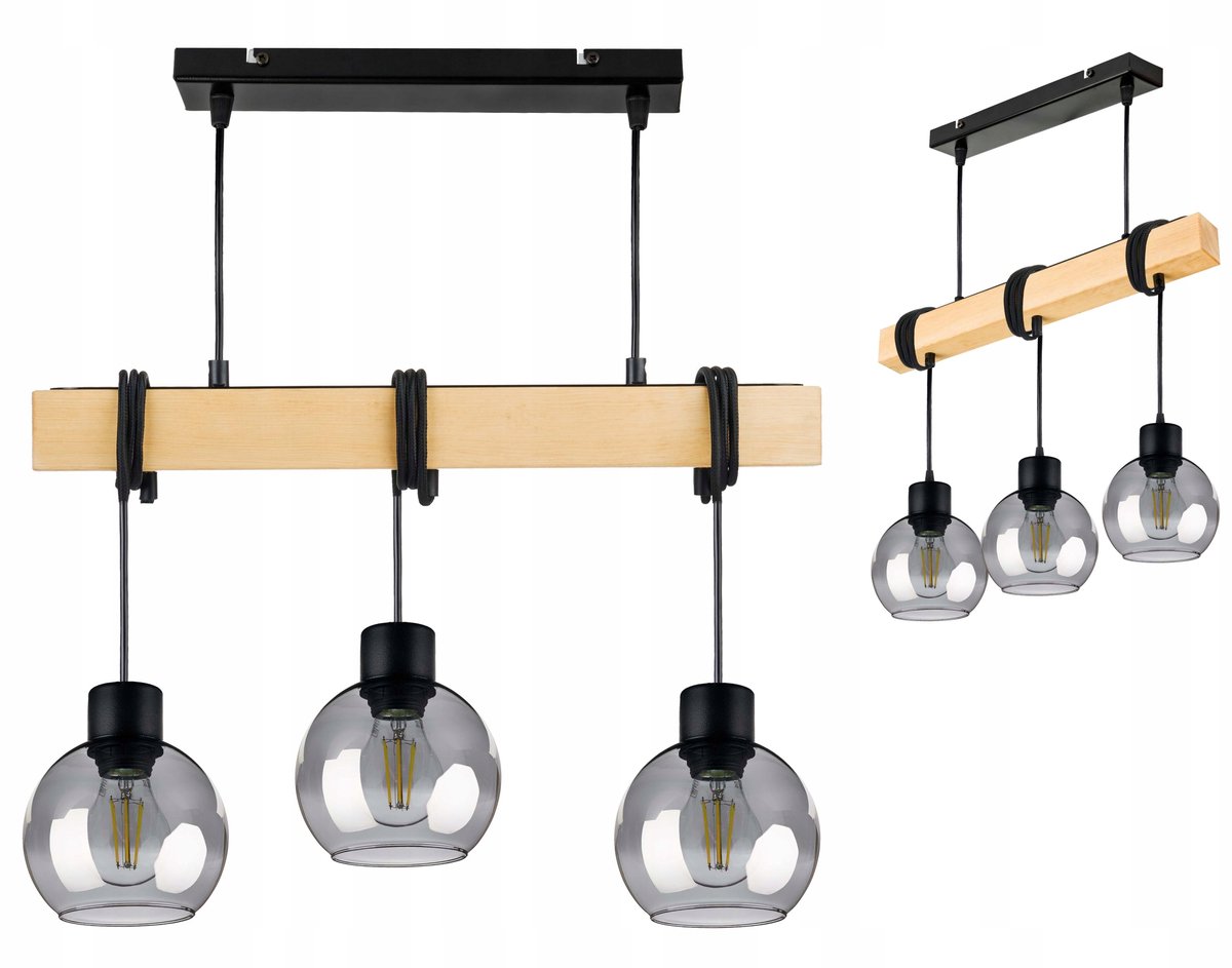 Hanglamp Houten Balk met Glazen Kappen - Stijlvolle Loft Verlichting