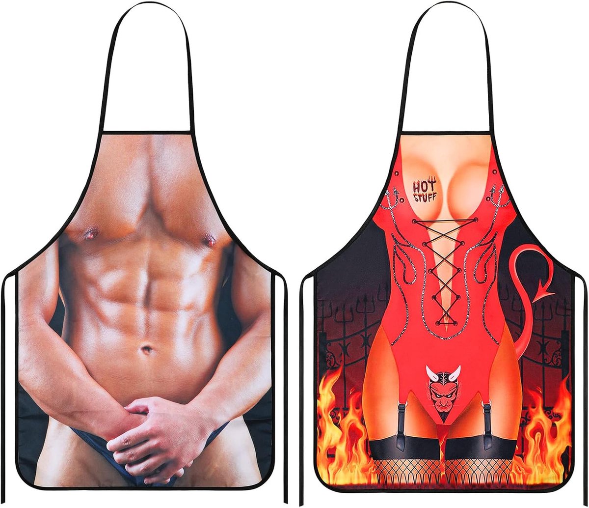 2pcs Funny Gifts for Men Women Set Funny Novelty Apron Muscle Chef Aprons for Men Adjustable Waterproof Cooking Apron - ShopVlot
