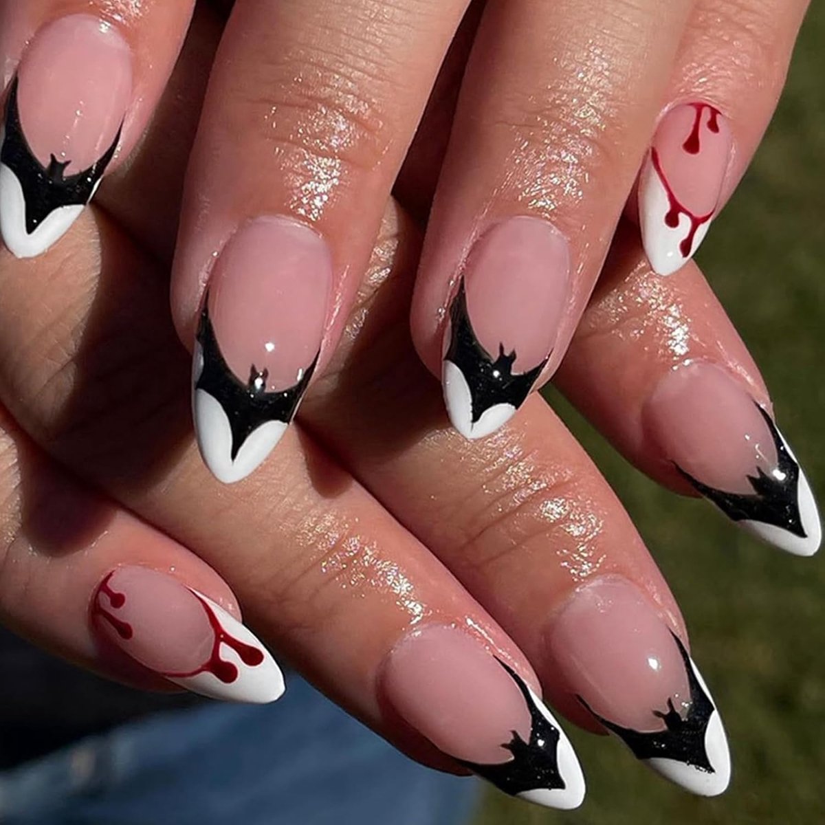 Ceboic 24 Pieces Halloween Press On Nails Almond Medium Artificial Nails for Sticking Nude Pink French Fake Nails Cute - ShopVlot