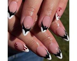Ceboic 24 Pieces Halloween Press On Nails Almond Medium Artificial Nails for Sticking Nude Pink French Fake Nails Cute - ShopVlot