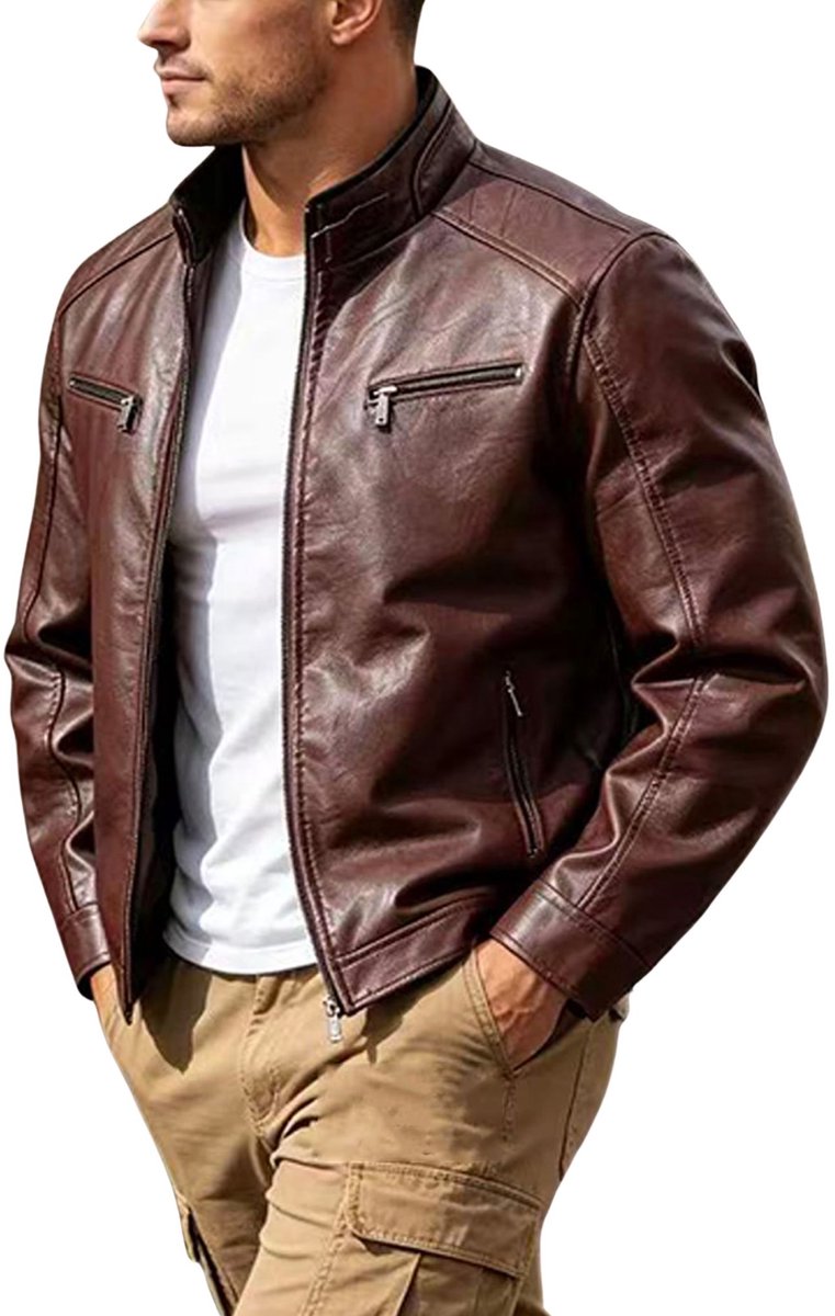 Currero Kunst Leren Jas - Leather Jacket - Lederen Jas - Bomberjack - Pilotenjack - Blazer - Biker - Motorjas - Motormuis - Heren - Bordeauxrood S – foto 2