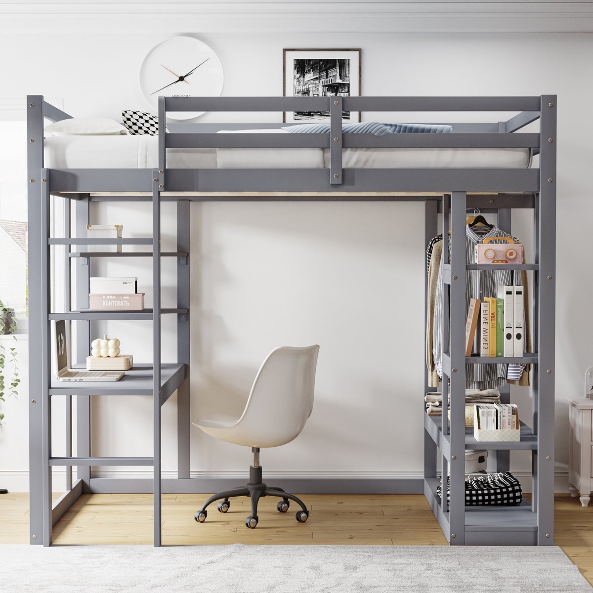 MEUNIQ Hoogslaper 140x200 cm met bureau en opbergruimte, met ladder, planken en kledingopslag voor kinderkamer en tienerkamer, grijs Zwart
