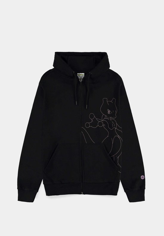 Zwart vest met rits, met op de linkerborst een Pokémon Mewtwo-print in roze lijnen.